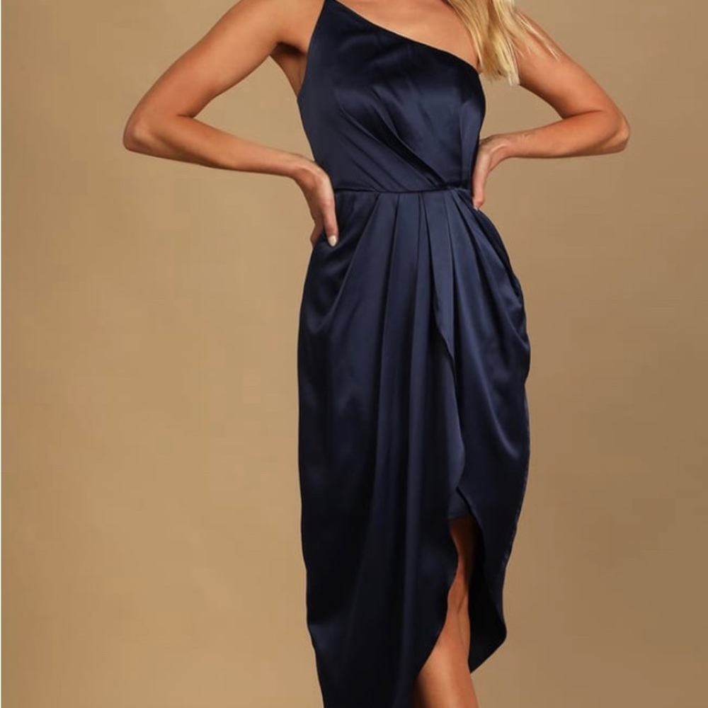 Law of Attraction Navy Blue One-Shoulder Asymmetrical Midi Dress Size MEDIUM